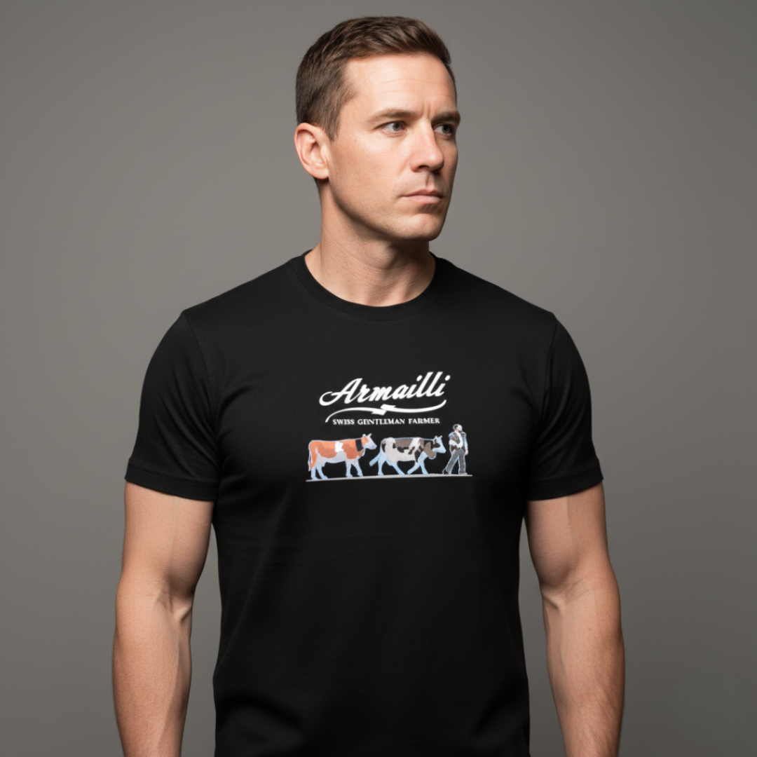 Das schwarze T-Shirt mit der Aufschrift „L'Armailli und seine Kühe“.
