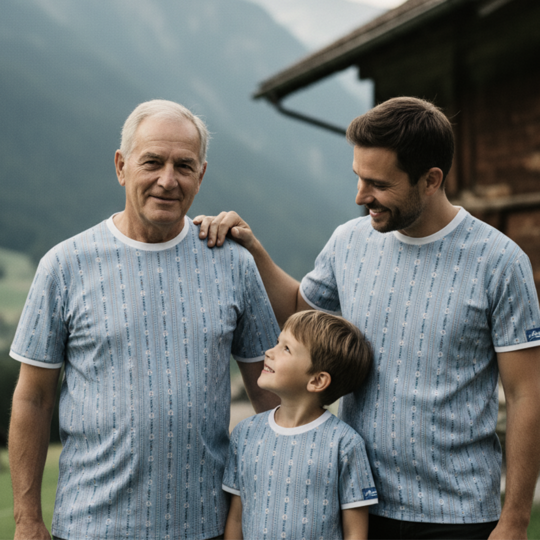 Das blaue T-Shirt mit der Aufschrift „Bauernhemd“.