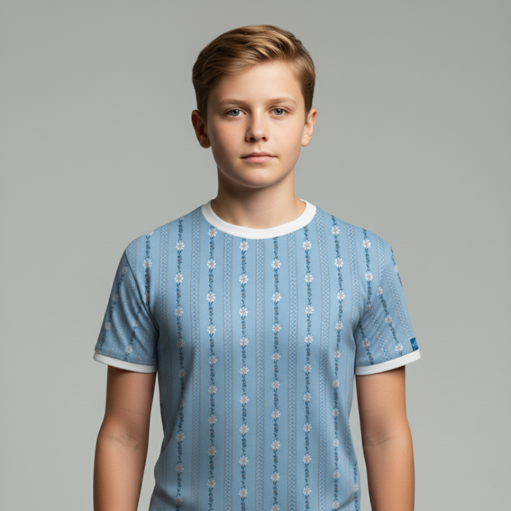 Das blaue Kinder-T-Shirt „Bauernhemd“.