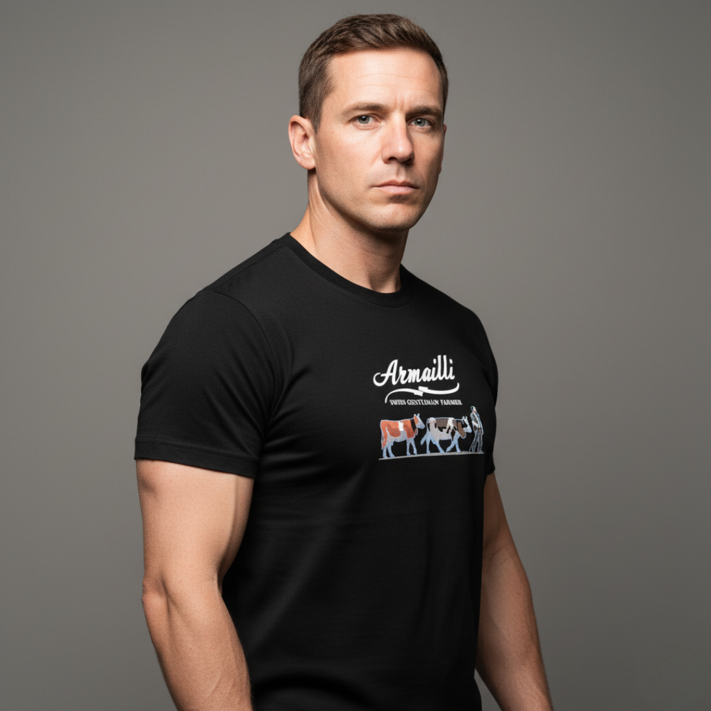 Das schwarze T-Shirt mit der Aufschrift „L'Armailli und seine Kühe“.